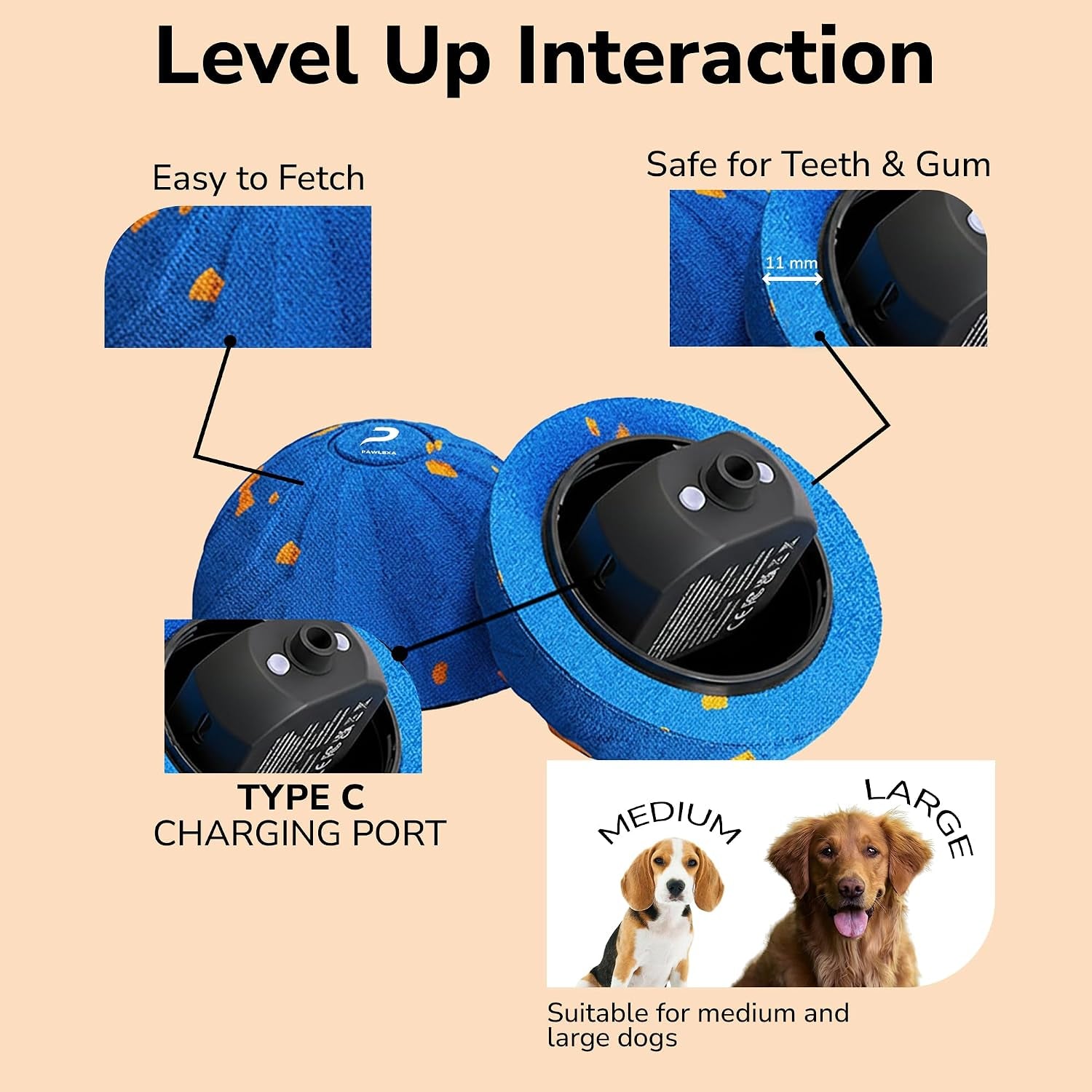 Interactive Dog Ball Blue 3.23In Smart Interactive Dog Toy, Durable E-TPU Dog Balls, Interactive Dog Toys for All Dogs, USB-C Fast Charge, IPX7 Waterproof